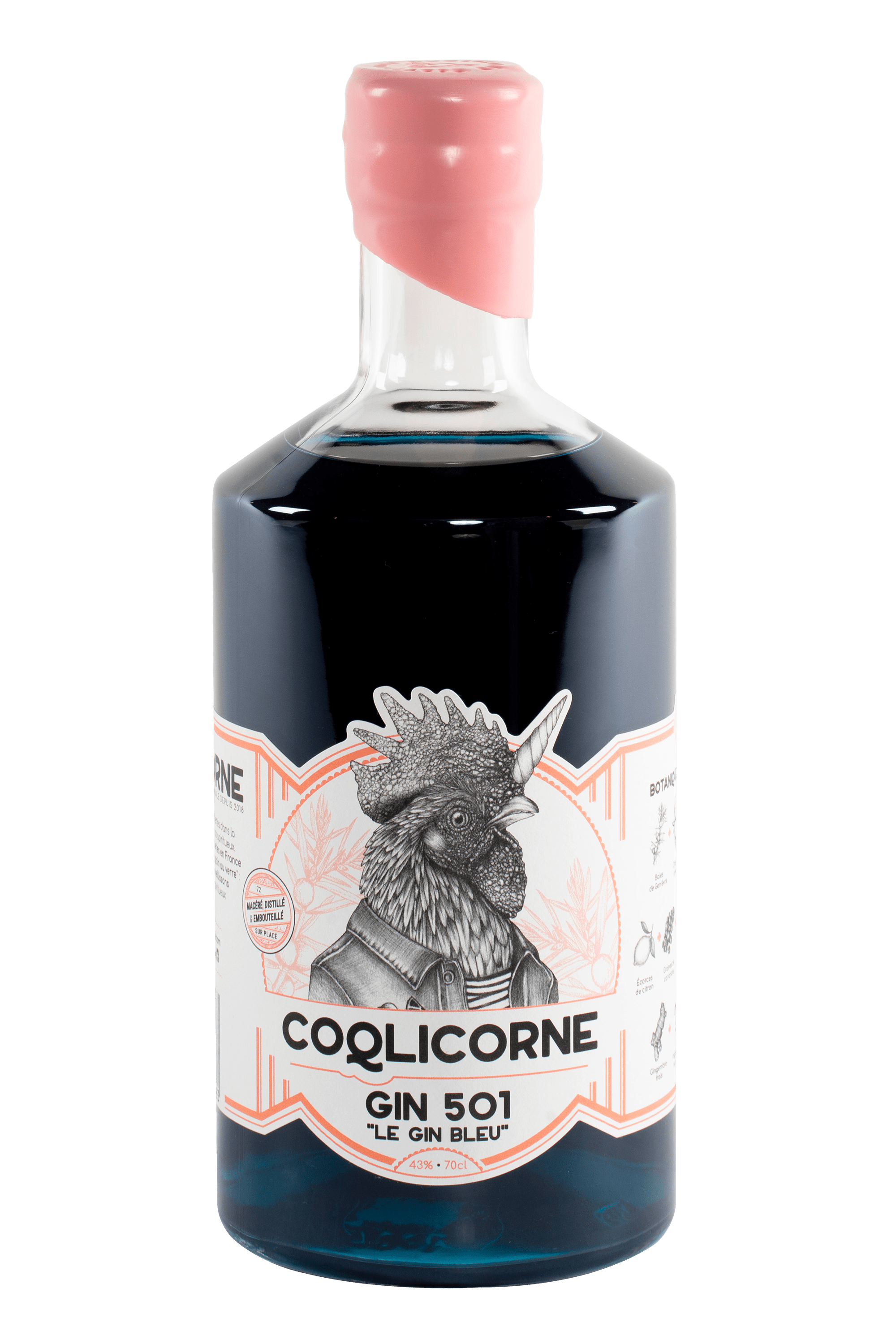 Bouteille de gin français 501 de la distillerie Coqlicorne