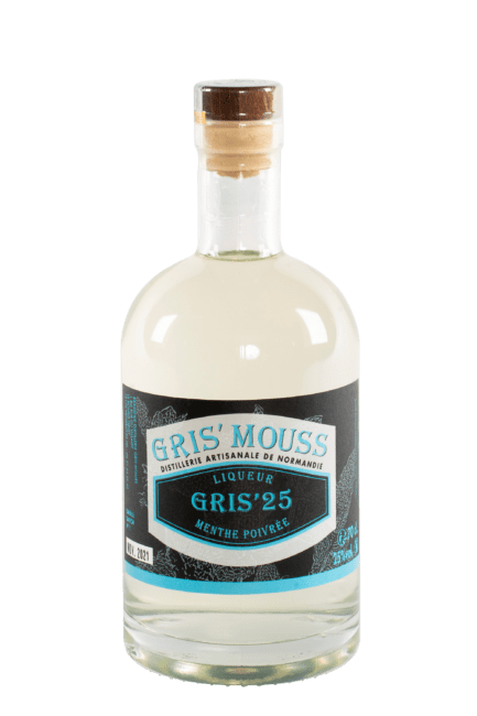 Bouteille de liqueur de menthe poivrée Gris'25 de la distillerie Gris' Mouss