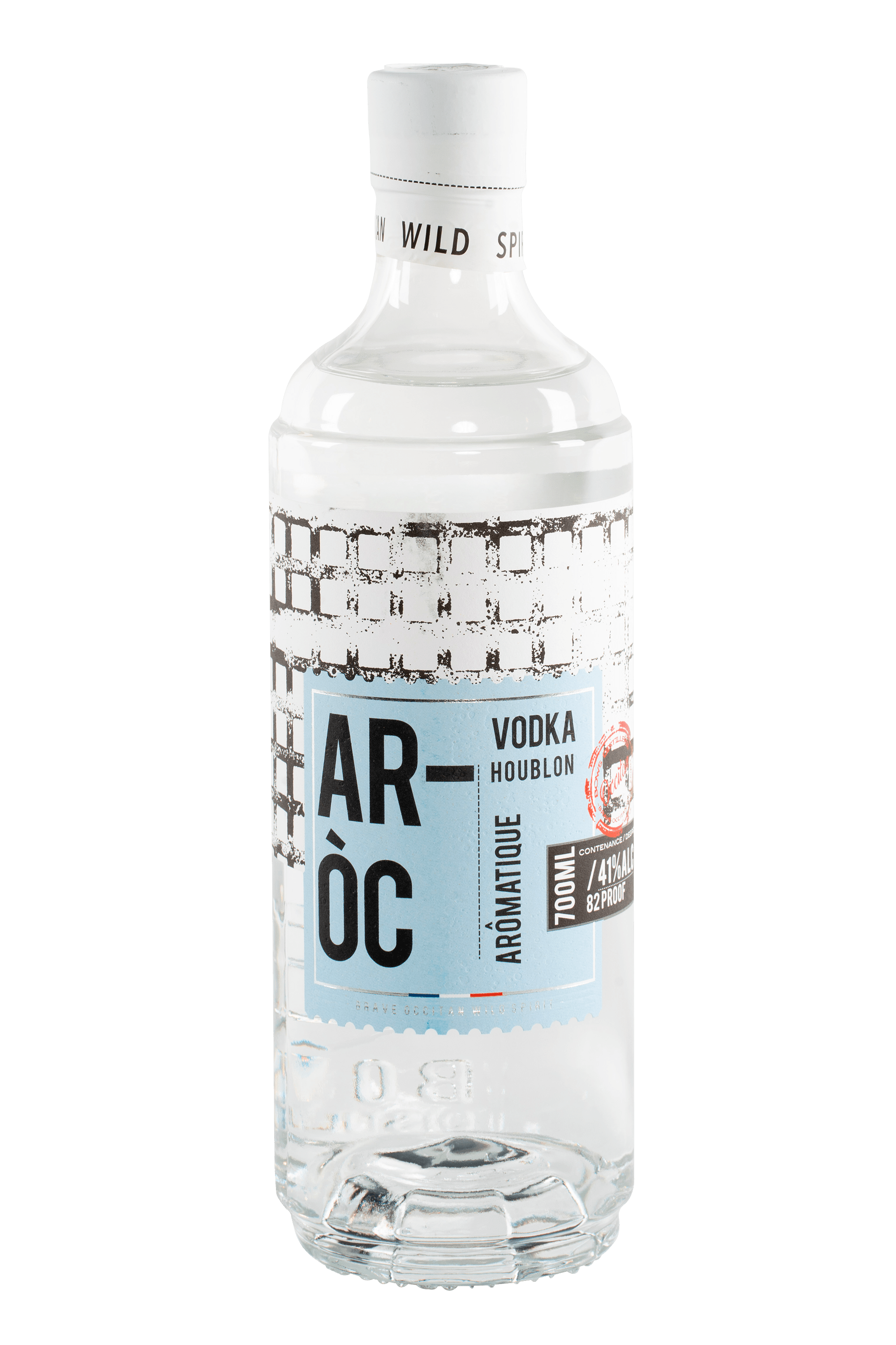 Bouteille de vodka française ai houblon AR OC de la distillerie occitane Bows